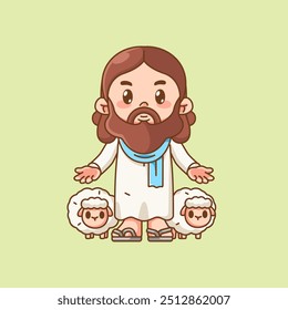 Cute jesus christ god with two sheep kawaii chibi character mascot illustration outline style design set