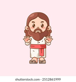 Cute jesus christ god wave hand kawaii chibi character mascot illustration outline style design set