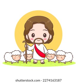 Cute Jesus Christ herding sheep cartoon. Hand drawn Chibi character isolated white background. Christian Bible for kids. Mascot logo icon vector art illustration