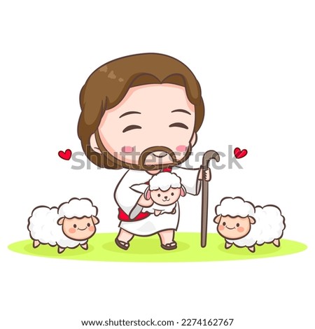 Cute Jesus Christ herding sheep cartoon. Hand drawn Chibi character isolated white background. Christian Bible for kids. Mascot logo icon vector art illustration