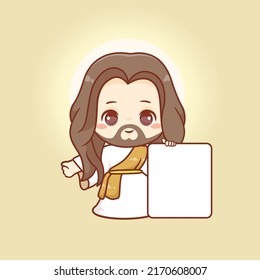 Cute jesus christ holding empty white board, god cartoon design