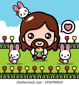 Cute Jesus Christ hugging Esther decorative egg with cute bunny bunny