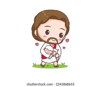 Cute Jesus Christ hugs the sheep cartoon character. Hand drawn Chibi character, clip art, sticker, isolated white background. Christian Bible for kids. Mascot logo icon vector art illustration