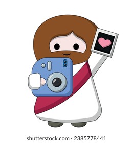 Cute Jesus Christ with instant vintage camera in color