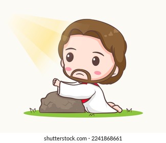 Cute Jesus Christ kneel down praying in garden cartoon character. Hand drawn chibi character, clip art, sticker, isolated white background. Mascot logo icon vector art illustration