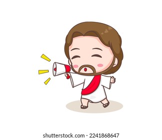 Cute Jesus Christ with megaphone cartoon character. Hand drawn Chibi character, clip art, sticker, isolated white background. Christian Bible for kids. Mascot logo icon vector art illustration