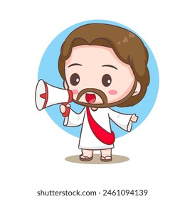 Jesucristo lindo con el personaje de dibujos animados del megáfono. Dibujado a mano personaje de Chibi, arte del Clip, pegatina, fondo blanco aislado. Biblia cristiana para niños. Ilustración del Arte vectorial del logotipo de la mascota