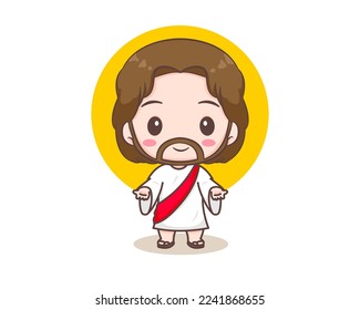 Cute Jesucristo con las manos abiertas personaje de caricatura. Carácter Chibi dibujado a mano, arte clip, pegatina, fondo blanco aislado. Biblia cristiana para los niños. Icono de logotipo de mascota ilustración de vectores