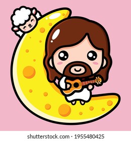 cute jesus christ playing the ukulele on the moon
