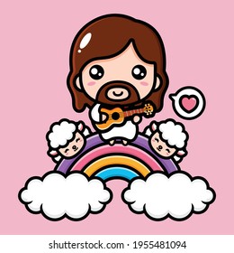 Cute Jesus Christ Playing The Ukulele On The Rainbow With The Sheep