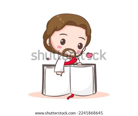 Cute Jesus Christ pointing the bible cartoon character. Hand drawn Chibi character, clip art, sticker, isolated white background. Christian Bible for kids. Mascot logo icon vector art illustration