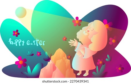 Cute Jesus Christ praying in garden. chibi character, clip art, sticker. Mascot logo icon vector art illustration banner for website, or wallpaper. With “happy Easter” for text.