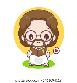 Cute Jesus Christ reading the bible cartoon character. Hand drawn Chibi character, clip art, sticker, isolated white background. Christian Bible for kids. Mascot logo icon vector art illustration