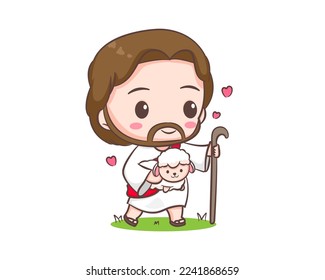 El Cristo Jesús y el personaje de la caricatura de las ovejas. Carácter Chibi dibujado a mano, arte clip, pegatina, fondo blanco aislado. Biblia cristiana para los niños. Icono de logotipo de mascota ilustración de vectores