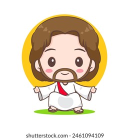 Cute Jesus Christ sitting cartoon character. Hand drawn Chibi character, clip art, sticker, isolated white background. Christian Bible for kids. Mascot logo icon vector art illustration