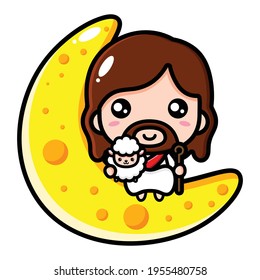 cute jesus christ sitting on the moon with the sheep