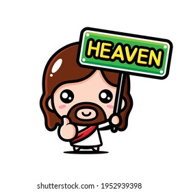 cute jesus christ vector design holding a board reading heaven