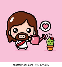 Cute Jesus Christ watering cute cactus