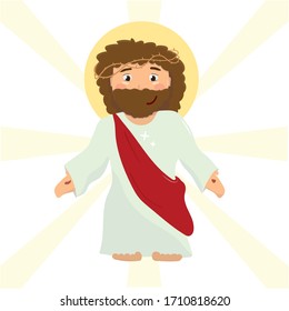 Cute Jesus with crown of thorns and wounds on the hands - vector illustration