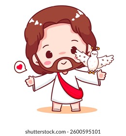 Cute Jesus and the dove cartoon character. Christianity concept design. Bible story vector illustration.