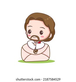 Cute Jesús con el sobre. Chibi caricatura sobre el personaje fondo blanco aislado.