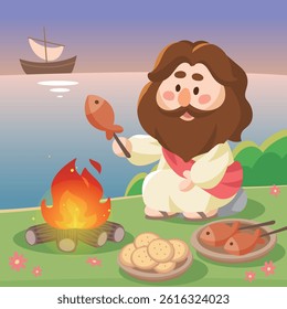 Cute Jesus Grilling Fish – cartoon, children, Bible story, Sunday school, campfire, vector