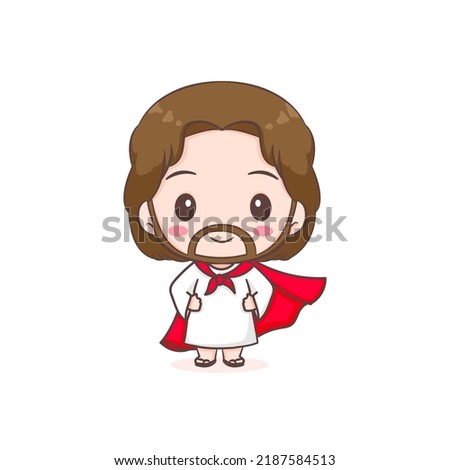 Cute Jesus as a hero with red cloak. Chibi cartoon character isolated white background.