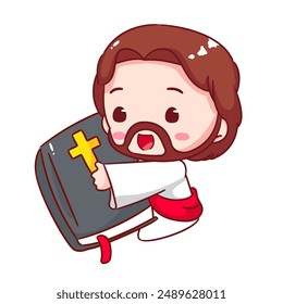 Cute Jesus Holding Bible Cartoon Vector. Christianity Religion Concept Design. Adorable Chibi Jesus Christ Character Illustration. Isolated White Background.