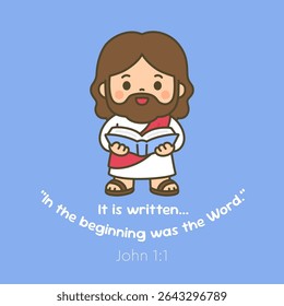 Jesus bonito segurando a Bíblia com John 1:1 Escritura Vetor Ilustração adequado para domingo escola, cartaz, folheto