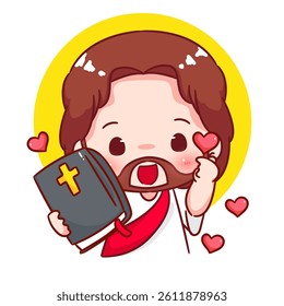 Cute Jesus holding bible and posing love hand sign cartoon character. Christianity concept design. Bible story vector illustration