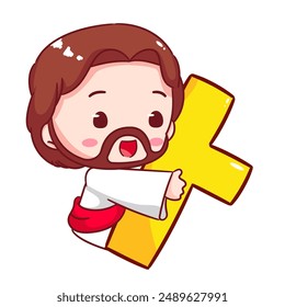 Cute Jesus Holding the Cross Cartoon Vector. Christianity Religion Concept Design. Adorable Chibi Jesus Christ Character Illustration. Isolated White Background.