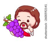 Cute Jesus holding grape fruit cartoon character. Christianity concept design. Bible story vector illustration.