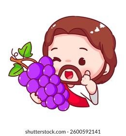 Cute Jesus holding grape fruit cartoon character. Christianity concept design. Bible story vector illustration.
