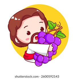 Cute Jesus holding grape fruit cartoon character. Christianity concept design. Bible story vector illustration.