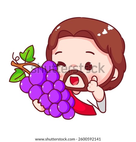 Cute Jesus holding grape fruit cartoon character. Christianity concept design. Bible story vector illustration.