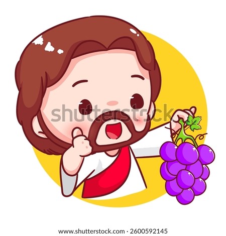 Cute Jesus holding grape fruit cartoon character. Christianity concept design. Bible story vector illustration.