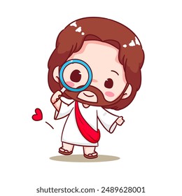 Cute Jesus Holding Magnifying glass Cartoon Vector. Christianity Religion Concept Design. Adorable Chibi Jesus Christ Character Illustration. Isolated White Background.