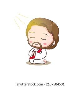 Cute Jesus kneeling and praying. Chibi cartoon character isolated white background.