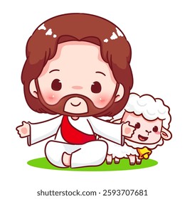 Cute Jesus and the lamb chibi cartoon character. Christian Catholic concept design. Vector icon mascot illustration.