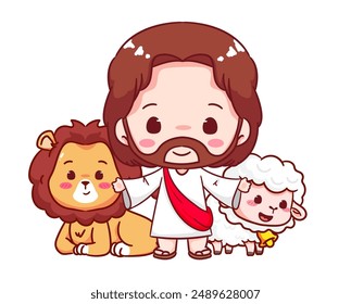 Cute Jesus With The Lion and Lamb Cartoon Vector. Christianity Religion Concept Design. Adorable Chibi Jesus Christ Character Illustration. Isolated White Background.