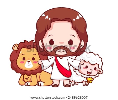 Cute Jesus With The Lion and Lamb Cartoon Vector. Christianity Religion Concept Design. Adorable Chibi Jesus Christ Character Illustration. Isolated White Background.