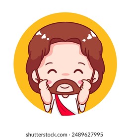 Cute Jesus Love Hand Sign Cartoon Vector. Christianity Religion Concept Design. Adorable Chibi Jesus Christ Character Illustration. Isolated White Background.