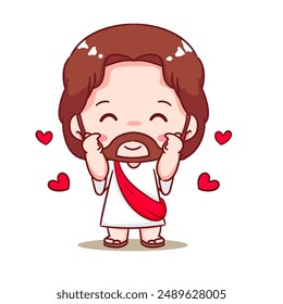 Cute Jesus Love Hand Sign Cartoon Vector. Christianity Religion Concept Design. Adorable Chibi Jesus Christ Character Illustration. Isolated White Background.