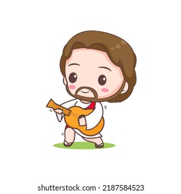Cute Jesus playing guitar. Chibi cartoon character isolated white background.