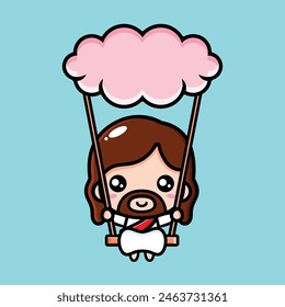 cute jesus playing on a swing in the sky