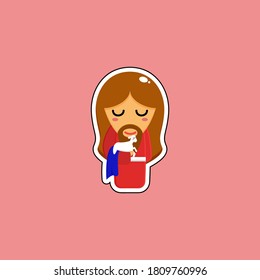 Cute Jesus With A Red Robe And A Blue Fabric Shawl Hugging A White Lamb Isolated On Pink Character EPS 10 Vector Sticker Design 