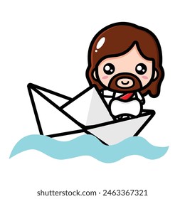 cute jesus riding a paper boat