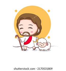 Jesús y las ovejas. Chibi caricatura sobre el personaje fondo blanco aislado.