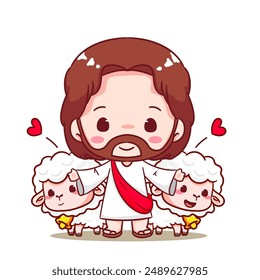 Cute Jesus And The Sheep or Lamb Cartoon Vector. Christianity Religion Concept Design. Adorable Chibi Jesus Christ Character Illustration. Isolated White Background.