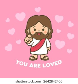 Cute Jesus Surrounded by Pink Hearts Pointing with You Are Loved Message Vector Illustration